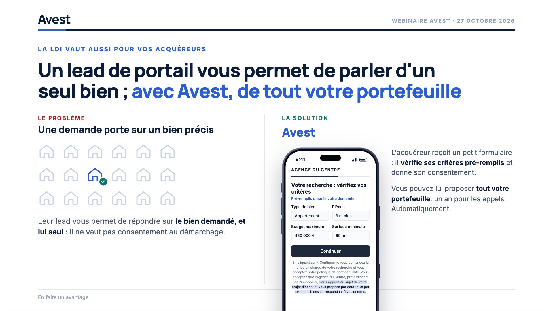 Un lead de portail porte sur un seul bien ; avec le formulaire acquéreur d'Avest, l'acquéreur vérifie ses critères et donne son consentement pour tout votre portefeuille