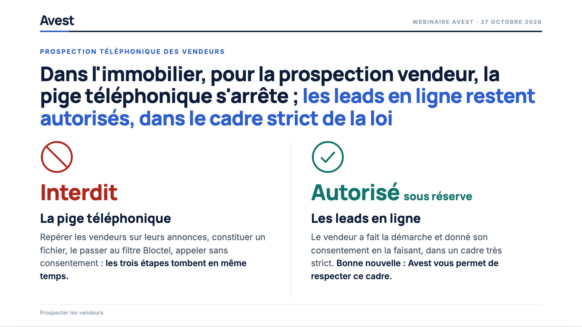 Interdit : la pige téléphonique. Autorisé sous réserve : les leads en ligne, où le vendeur a fait la démarche et donné son consentement