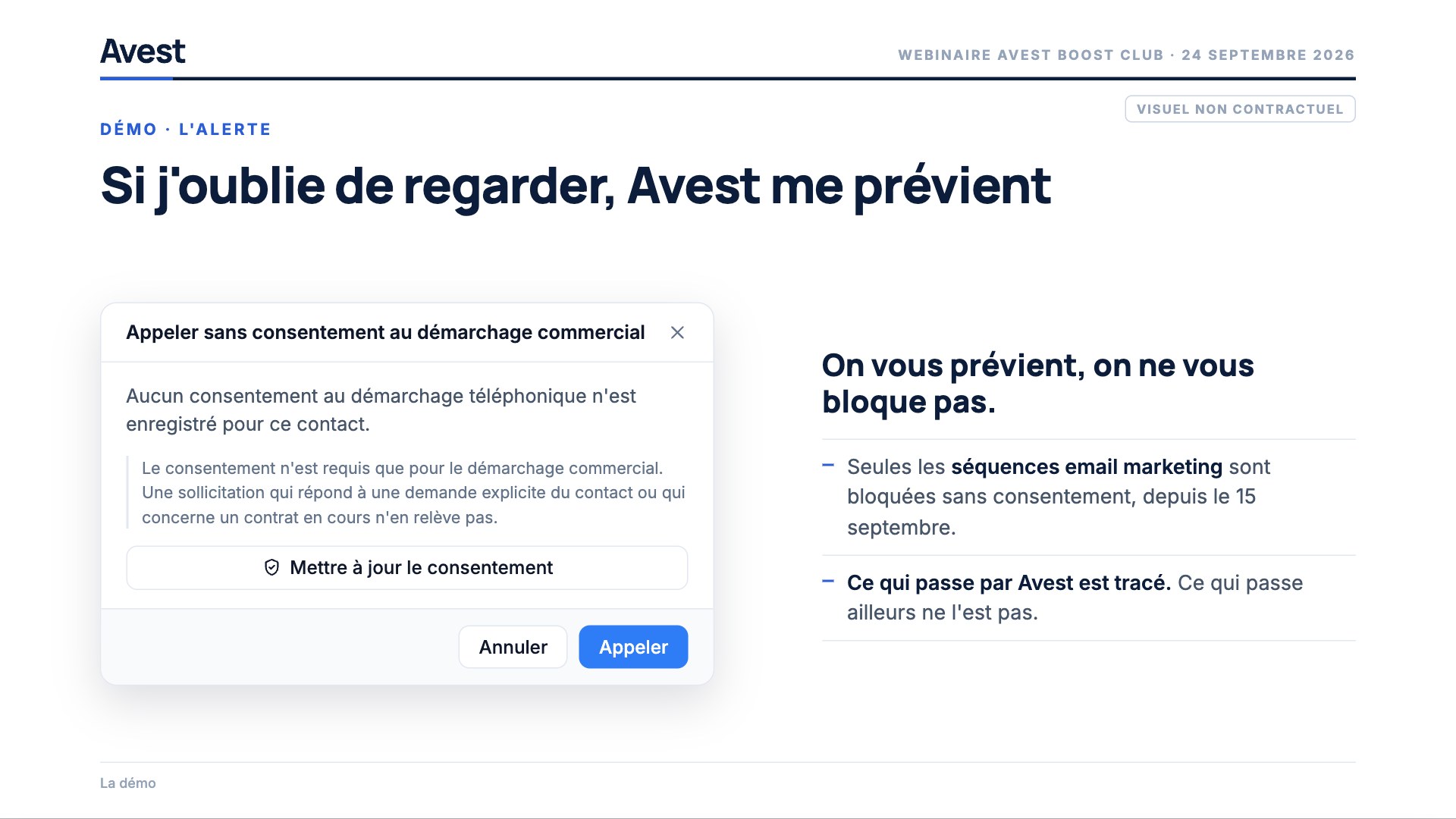 L'alerte qui s'affiche avant un appel sans consentement, avec les boutons Mettre à jour le consentement, Annuler et Appeler