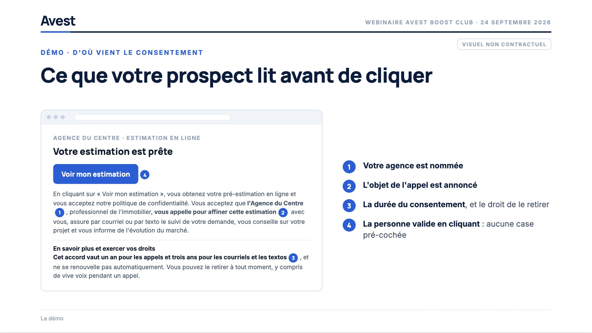 Le texte que lit un vendeur sous le bouton Voir mon estimation, qui nomme l'agence, annonce l'appel et la durée du consentement