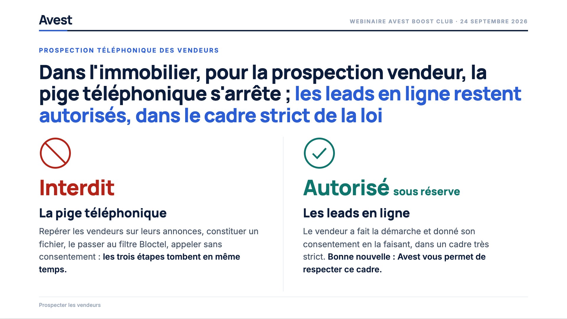 Interdit : la pige téléphonique. Autorisé sous réserve : les leads en ligne, où le vendeur a fait la démarche et donné son consentement