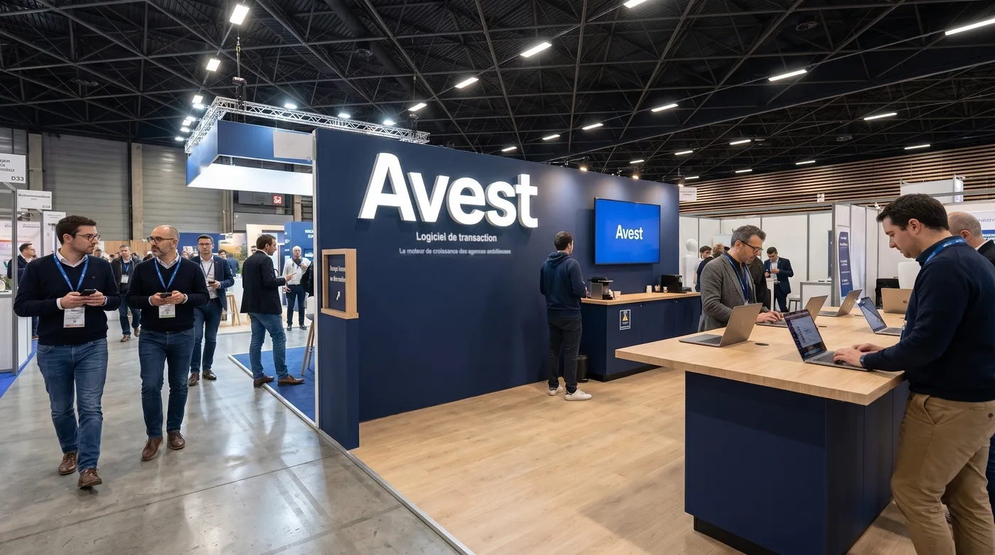 Le stand Avest vu de l'allée, avec ses Mac en libre accès